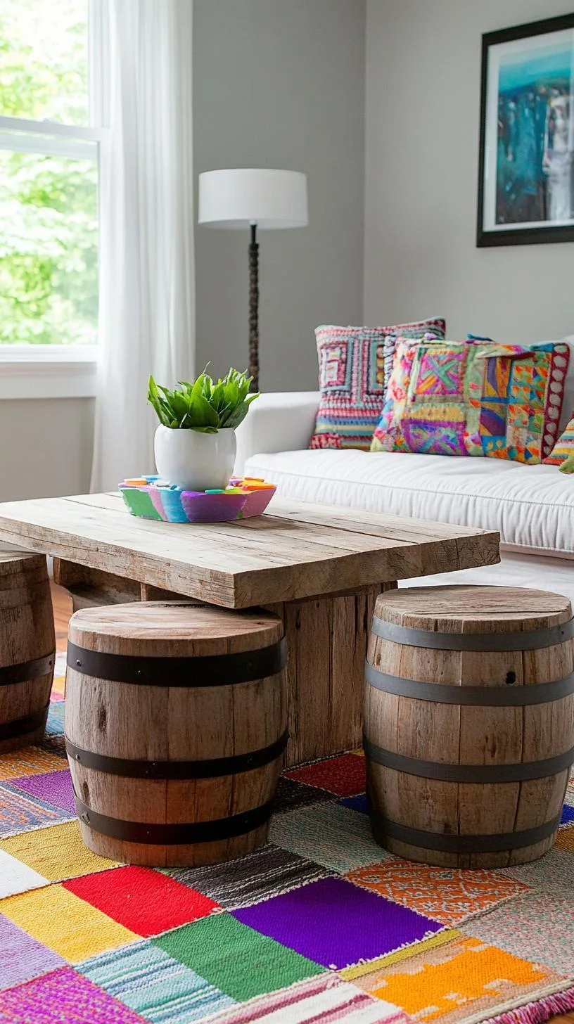 23 Unique Boho Farmhouse Living Room Ideas To Copy 45 14. Eclectic Enclave: Combine various eras, merging a mid-century coffee table with rustic farm stools, atop a patchwork rug-3