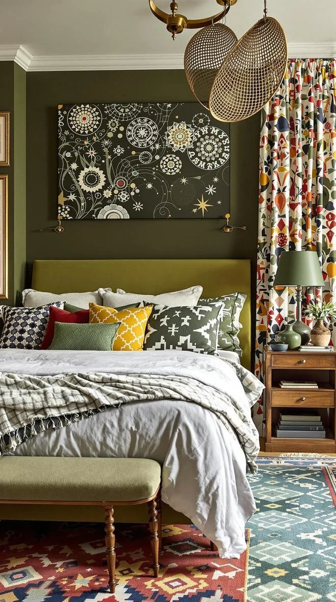 23 Stunning Olive Green Bedroom Ideas You'll Absolutely Love 114 13. Eclectic Olive Green Bedroom with Bold Patterns and Mixed Textiles-0