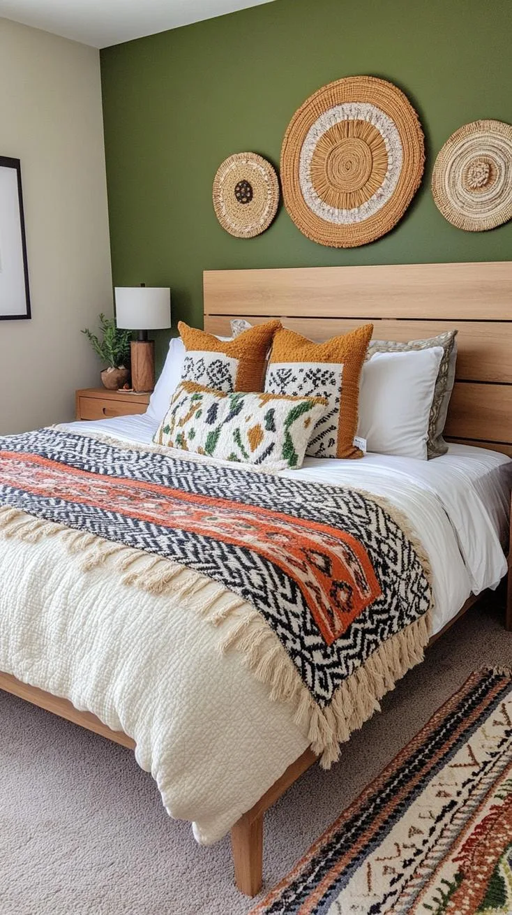 23 Stunning Olive Green Bedroom Ideas You'll Absolutely Love 116 13. Eclectic Olive Green Bedroom with Bold Patterns and Mixed Textiles-2