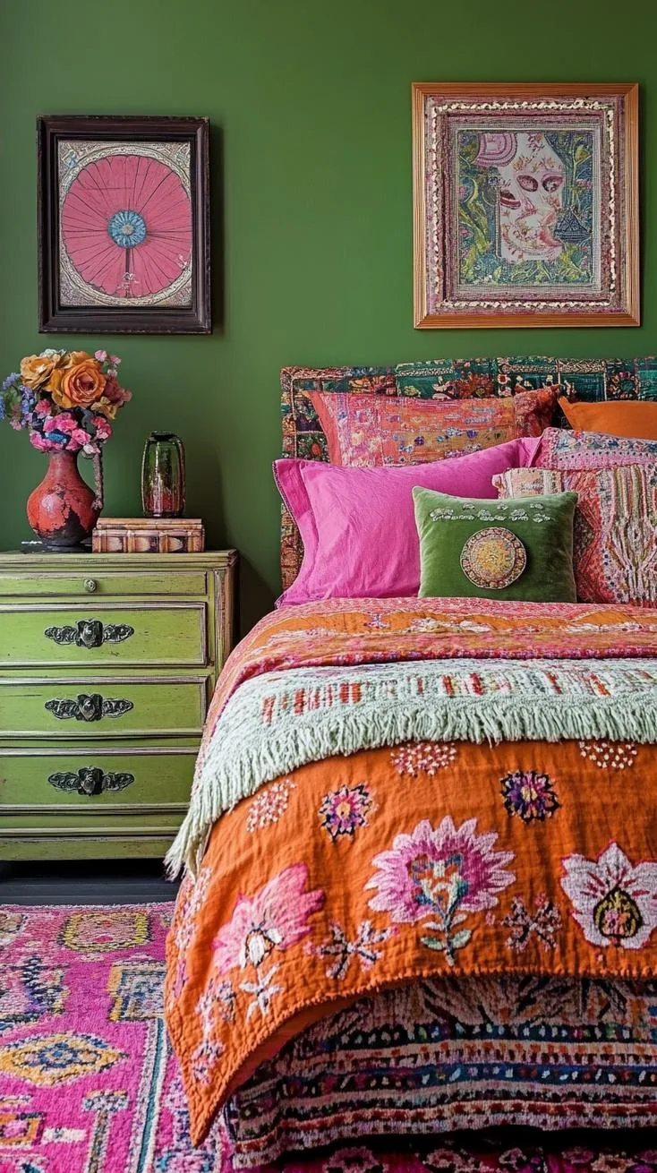 21 Colorful Boho Bedroom Ideas for a Whimsical Hippie Vibe 34 12. Eclectic Vintage Charm: Layer retro patterns of burnt oranges and avocado greens with antique finds-1