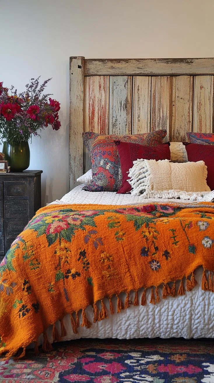 21 Colorful Boho Bedroom Ideas for a Whimsical Hippie Vibe 35 12. Eclectic Vintage Charm: Layer retro patterns of burnt oranges and avocado greens with antique finds-2