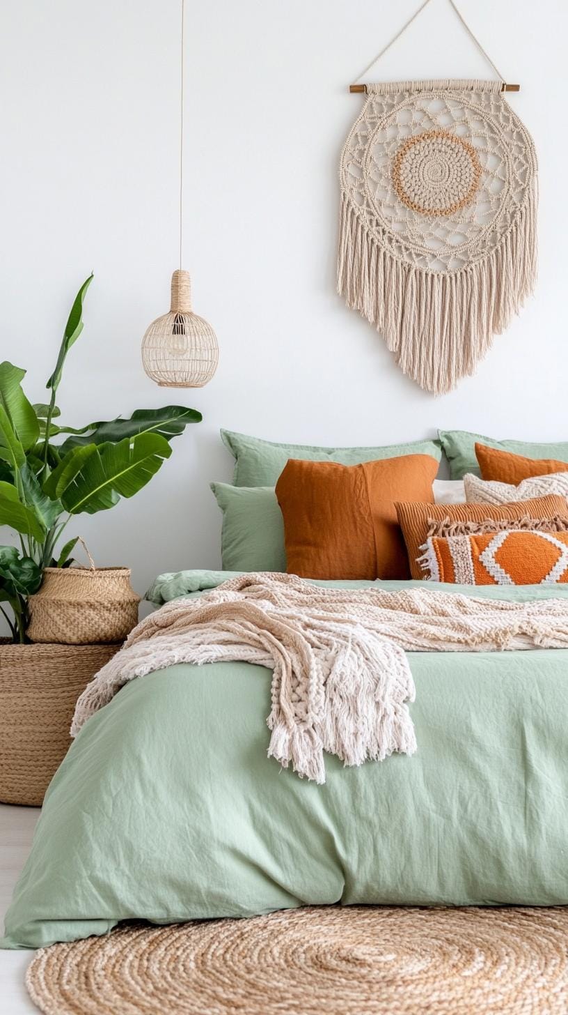 5. Eclectic bohemian hideaway with sage green bedding and macramé wall hangings-0