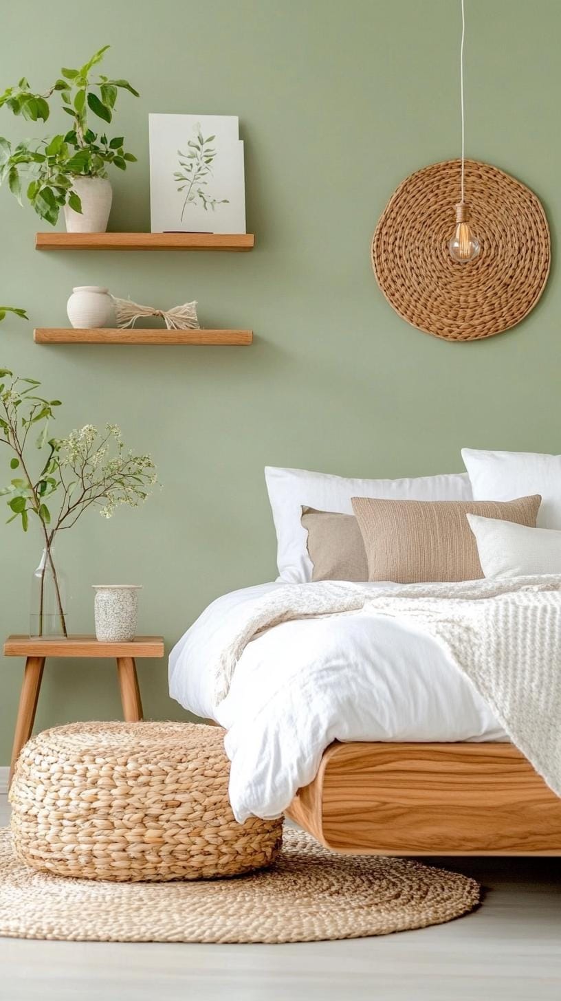 5. Eclectic bohemian hideaway with sage green bedding and macramé wall hangings-1