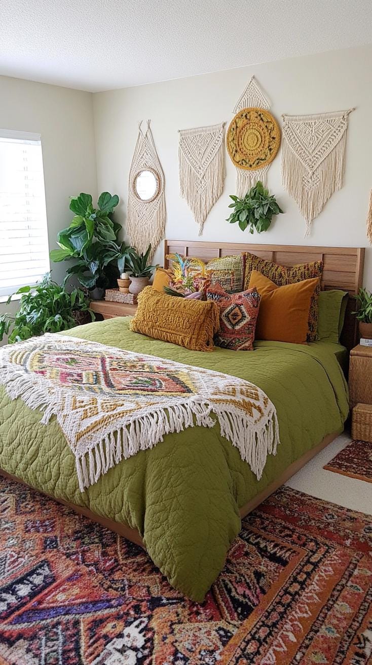 5. Eclectic bohemian hideaway with sage green bedding and macramé wall hangings-2