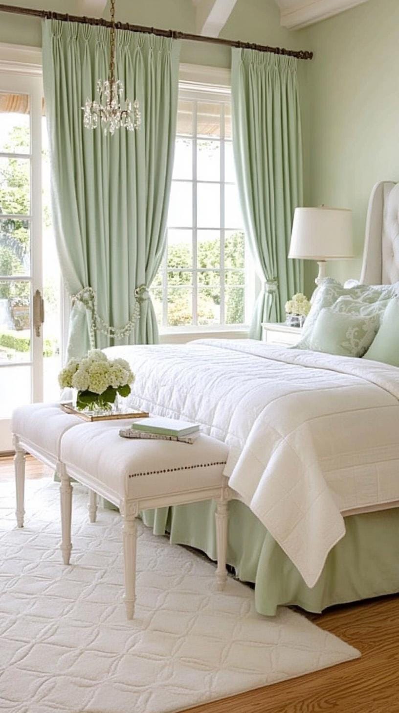 11. Elegant French country bedroom with sage green toile fabrics and whitewashed furniture-1