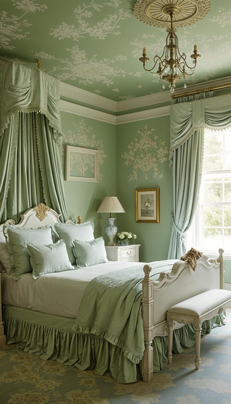 11. Elegant French country bedroom with sage green toile fabrics and whitewashed furniture-3