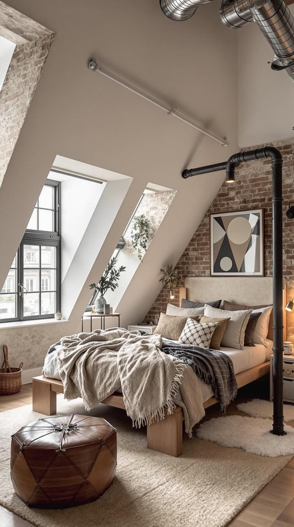 8. Embrace loft living by combining industrial elements like metal piping with cozy wool and leather accents-0