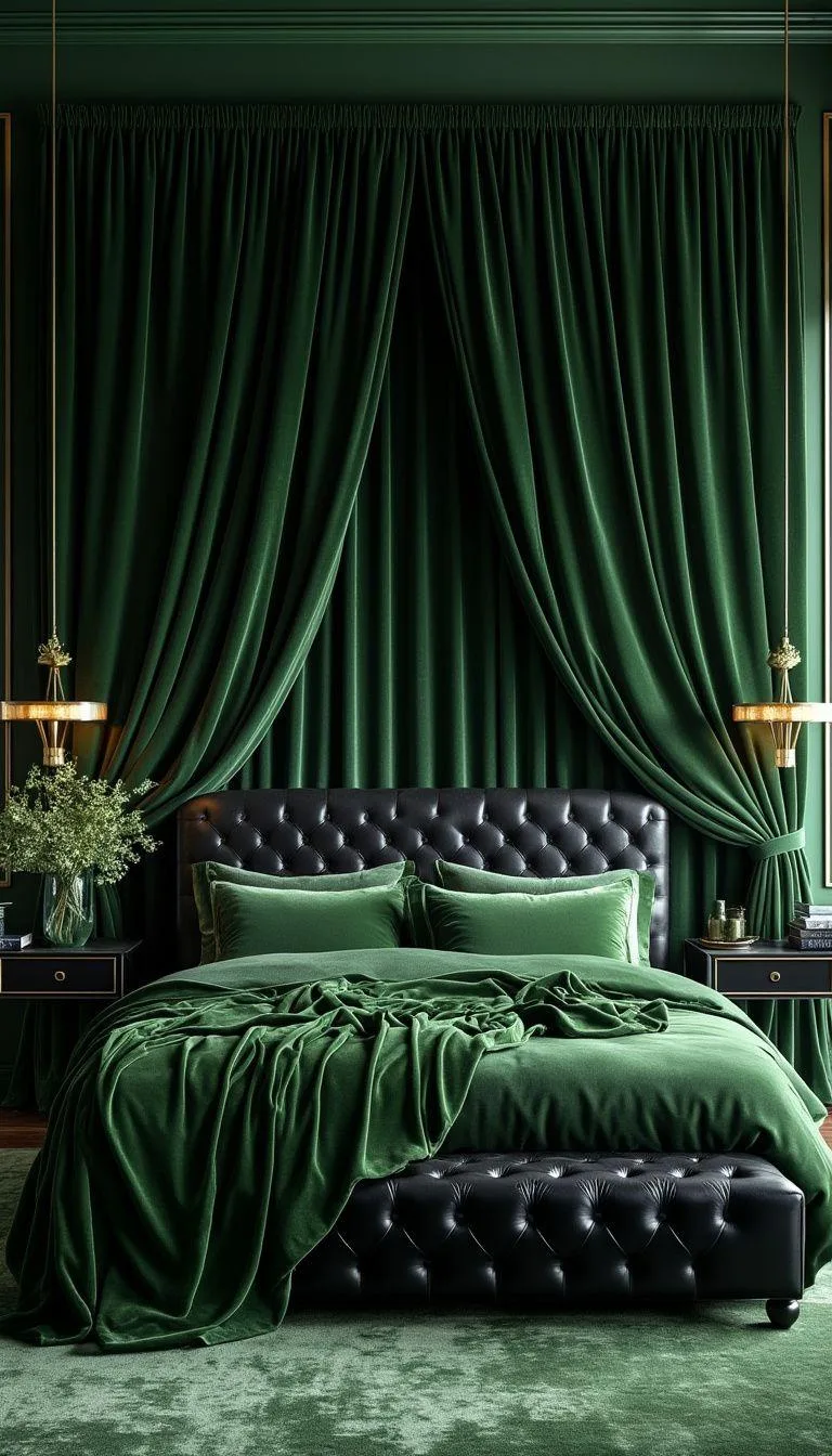 2. Emerald Accents: Incorporate green velvet drapes and a black leather headboard for a luxurious feel-0
