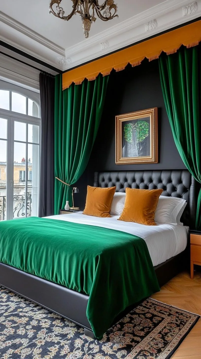 2. Emerald Accents: Incorporate green velvet drapes and a black leather headboard for a luxurious feel-1