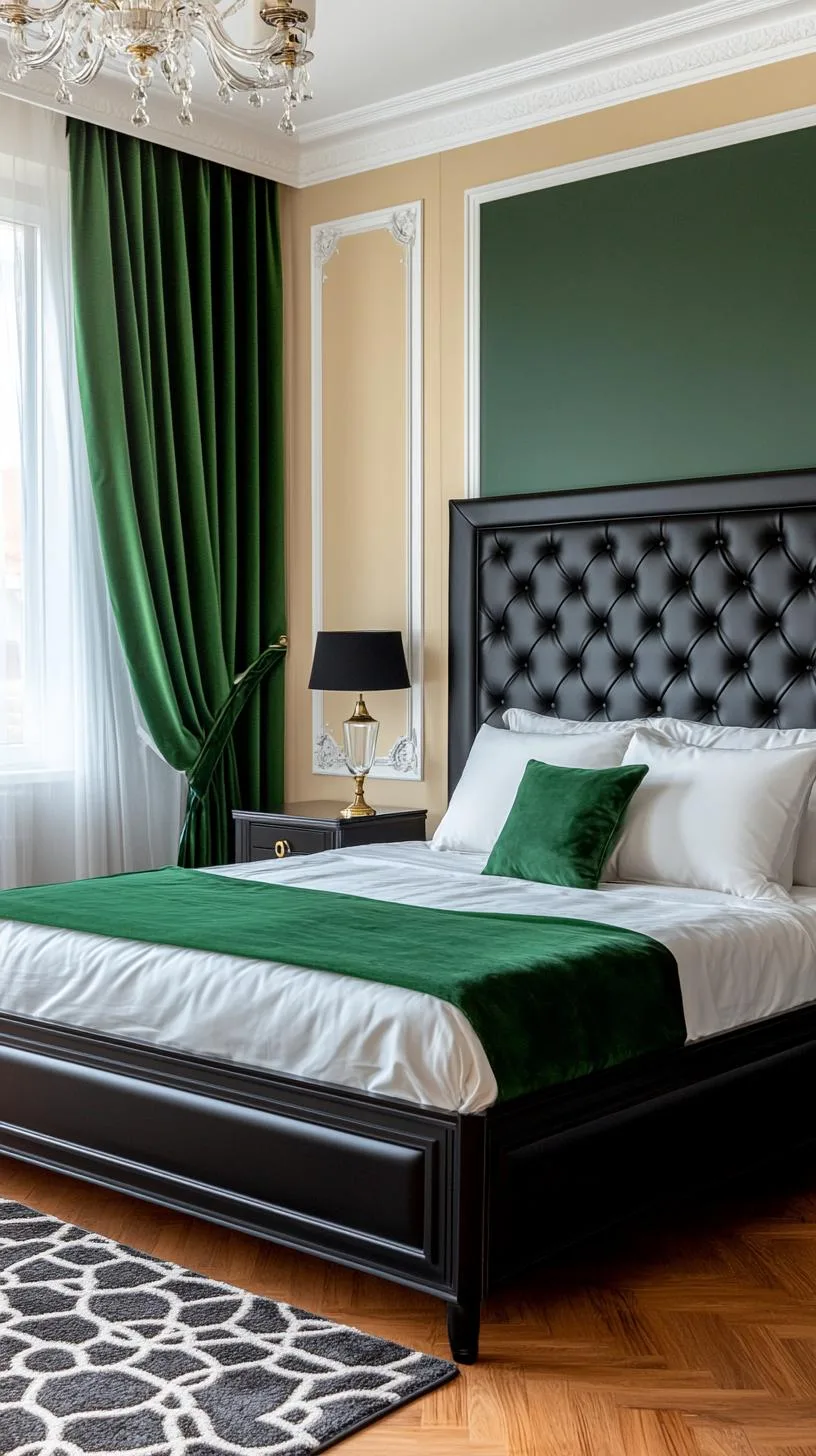 2. Emerald Accents: Incorporate green velvet drapes and a black leather headboard for a luxurious feel-2