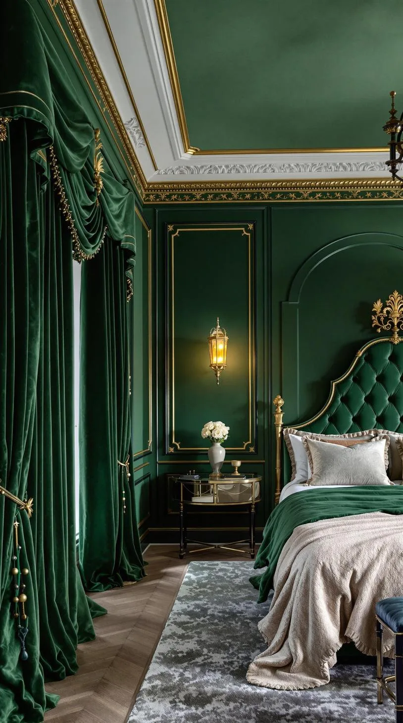 1. Emerald Oasis: Sumptuous deep green walls paired with velvet curtains and brass accents for an opulent look-0