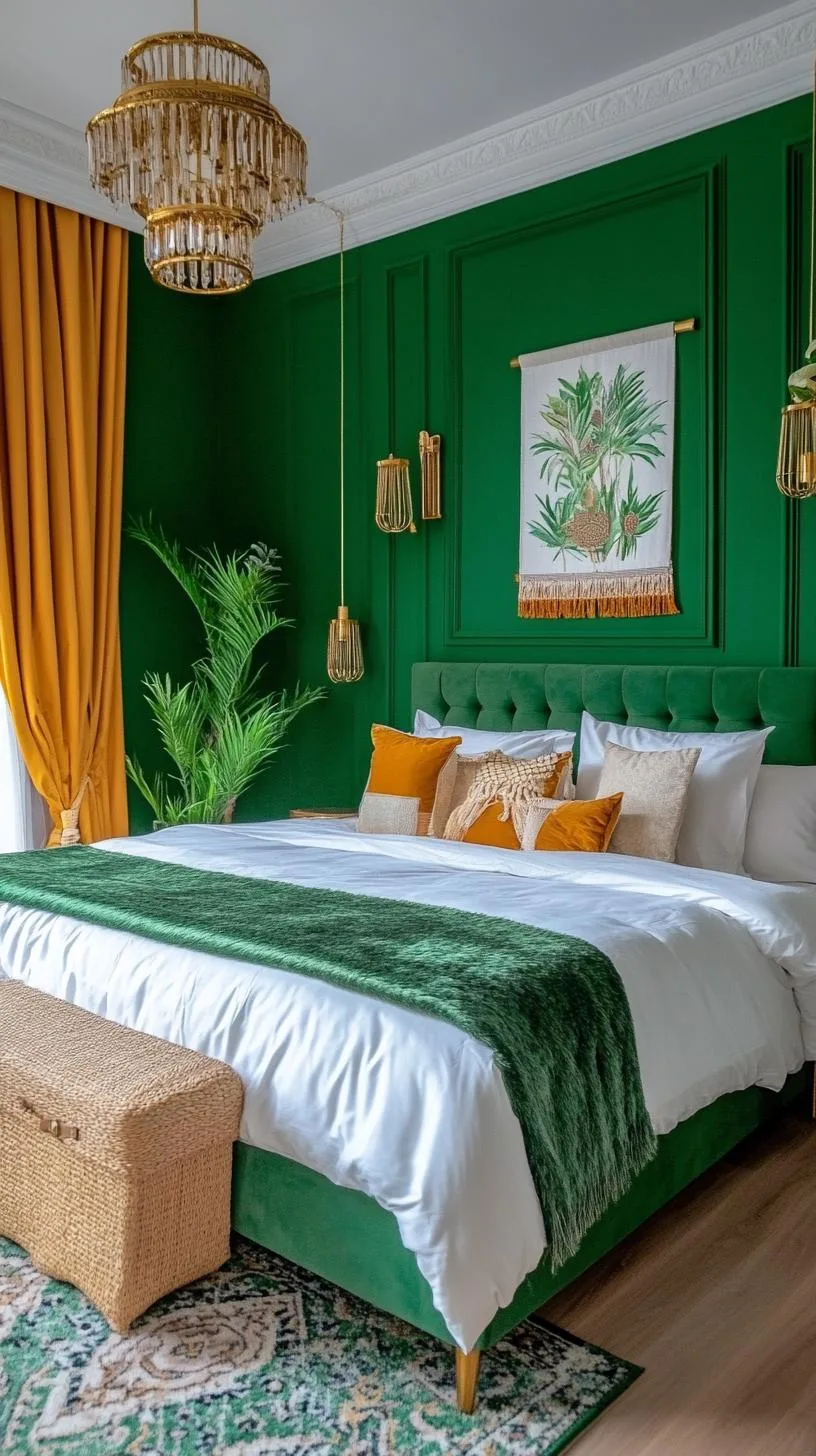 1. Emerald Oasis: Sumptuous deep green walls paired with velvet curtains and brass accents for an opulent look-2