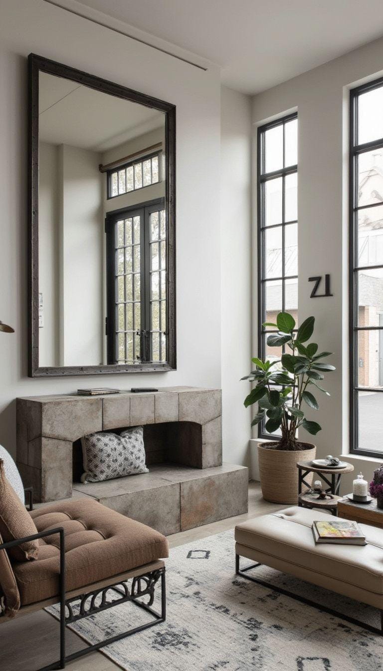 21. Emphasize a minimalist industrial layout with an oversized steel-framed mirror bouncing light across muted tones and unvarnished materials-0