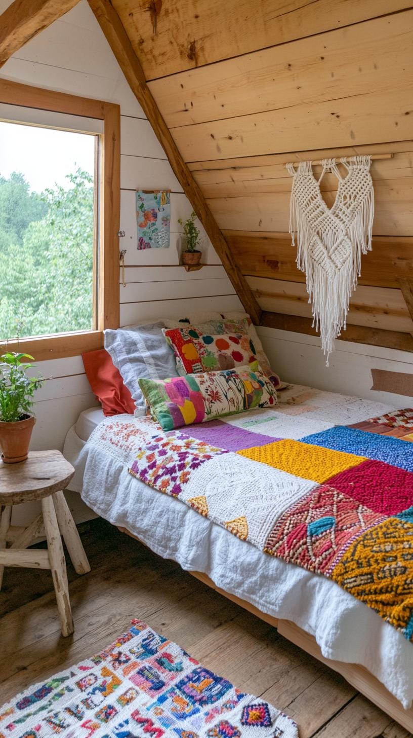 19. Establish a creative boho-indie nook with macramé wall hangings and a colorful patchwork spread-0