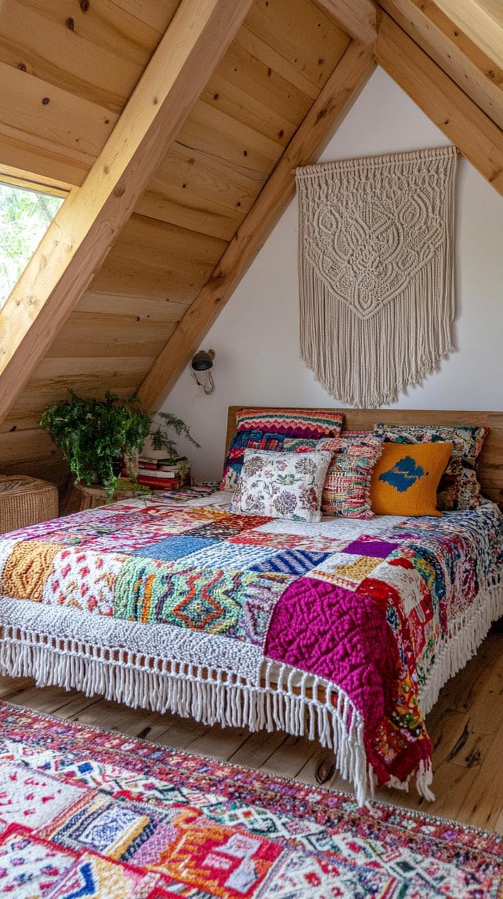 19. Establish a creative boho-indie nook with macramé wall hangings and a colorful patchwork spread-1