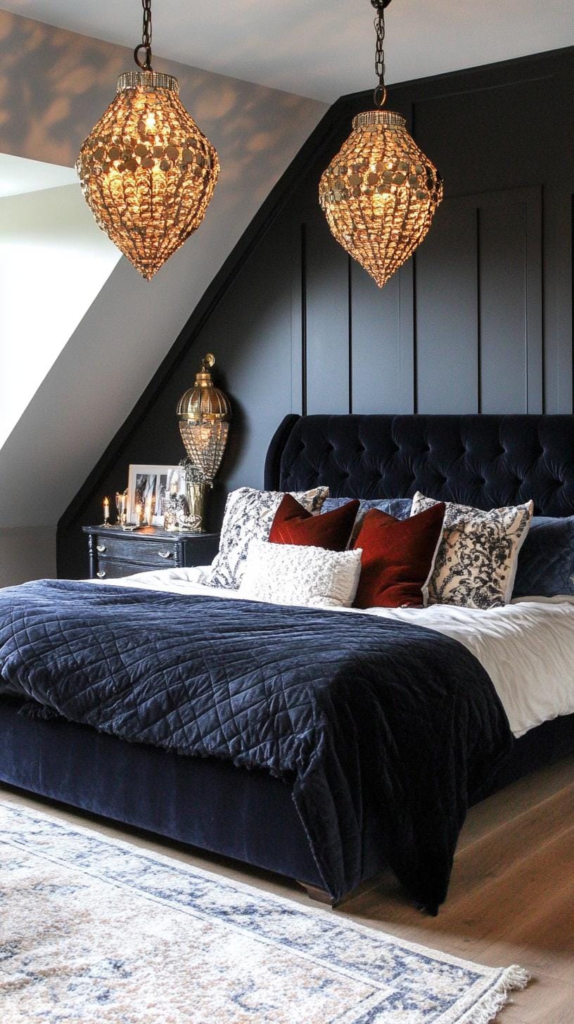 9. Establish a moody sanctuary using deep, dramatic color tones with plush textures and metallic elements-0