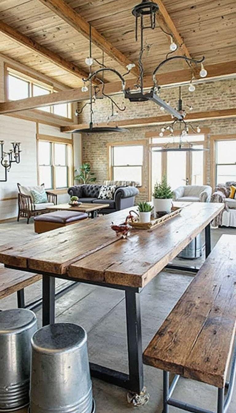 18. Establish an inviting gathering space with rustic picnic-style benches, galvanized steel stools, and a communal dining table as a focal point-0