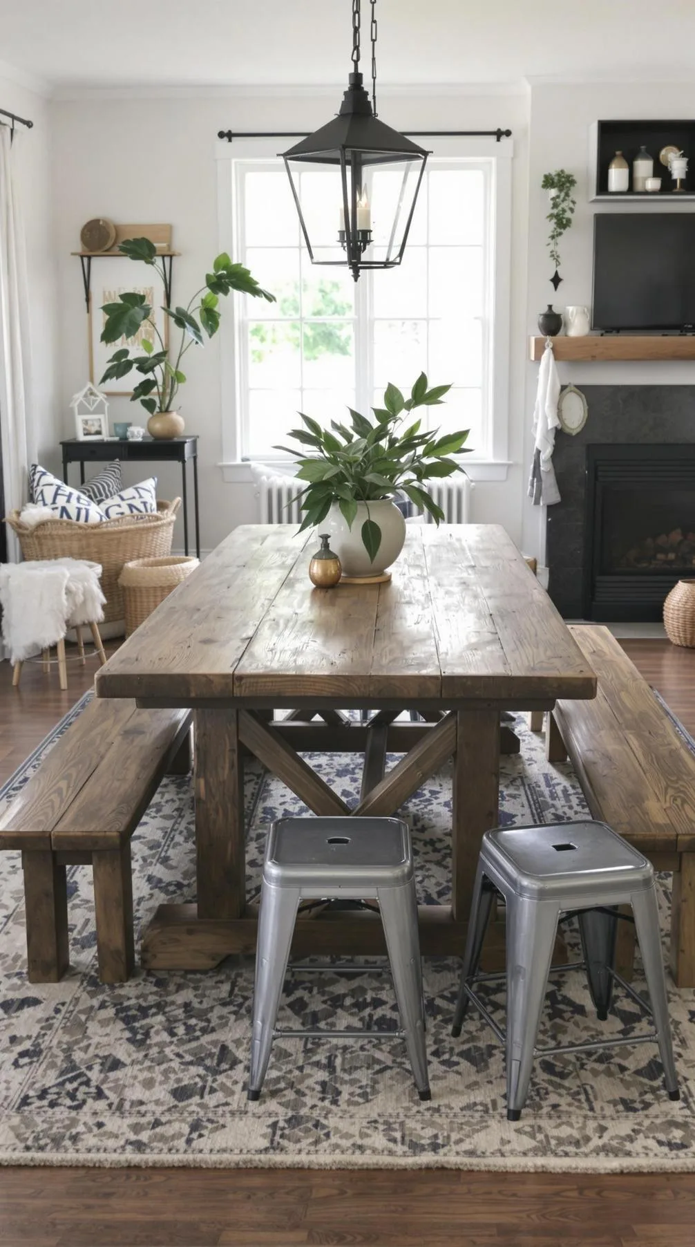 21 Best Industrial Farmhouse Living Room Ideas to Inspire 53 18. Establish an inviting gathering space with rustic picnic-style benches, galvanized steel stools, and a communal dining table as a focal point-1
