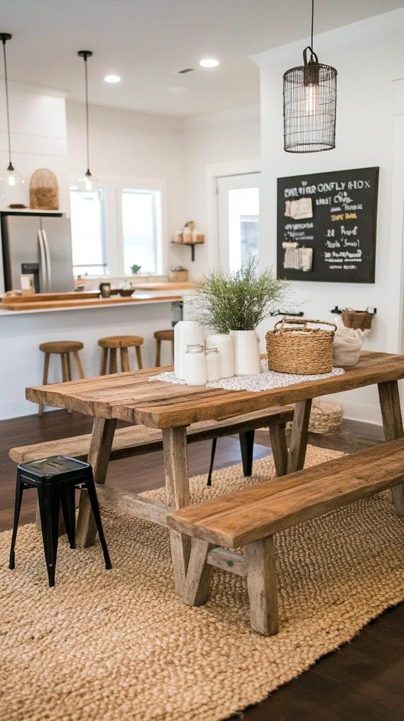 18. Establish an inviting gathering space with rustic picnic-style benches, galvanized steel stools, and a communal dining table as a focal point-2