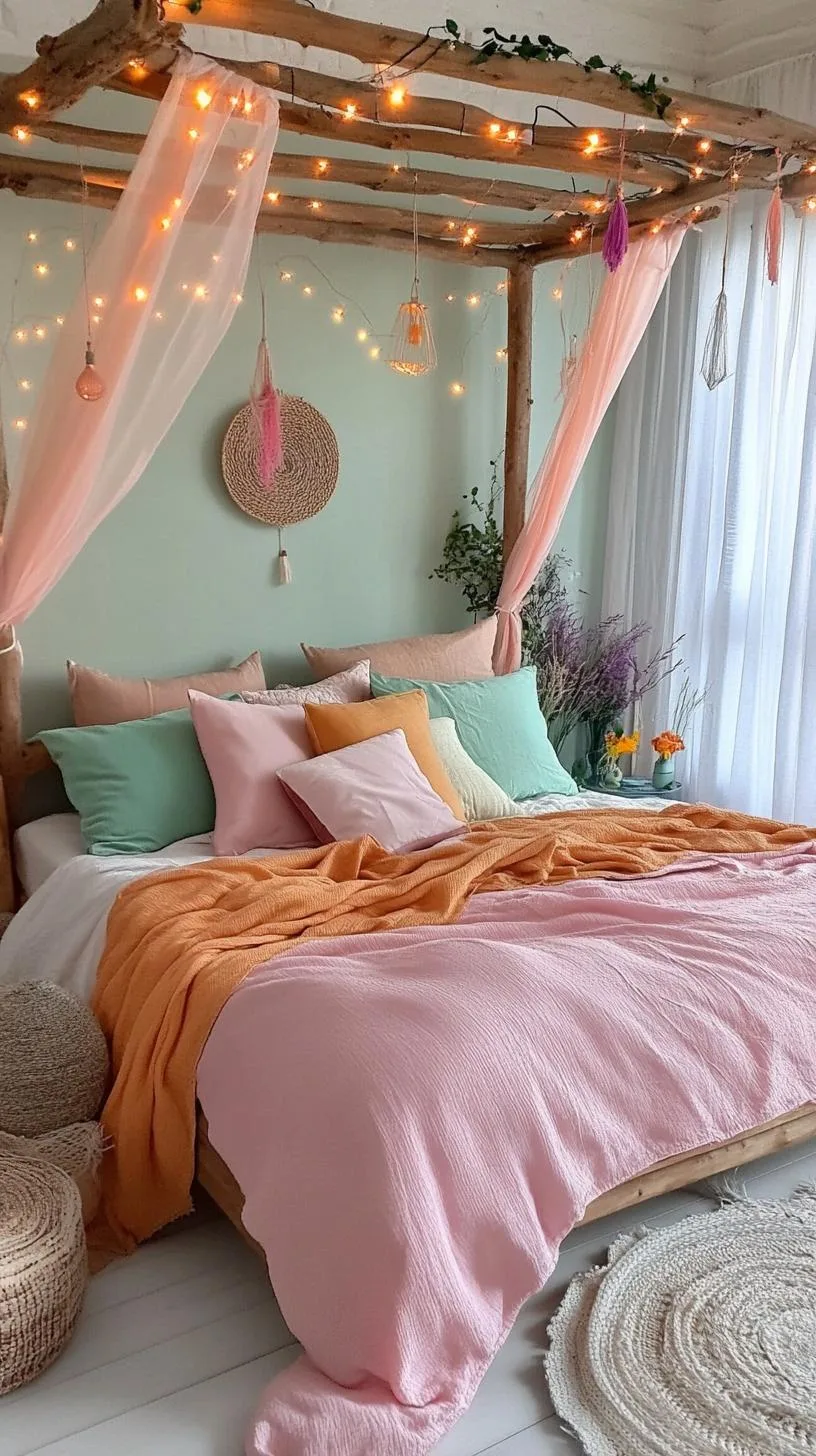 21 Colorful Boho Bedroom Ideas for a Whimsical Hippie Vibe 6 2. Ethereal Fairy Landscape: Blend dreamy pastels with hanging fairy lights and flowing white fabrics-1