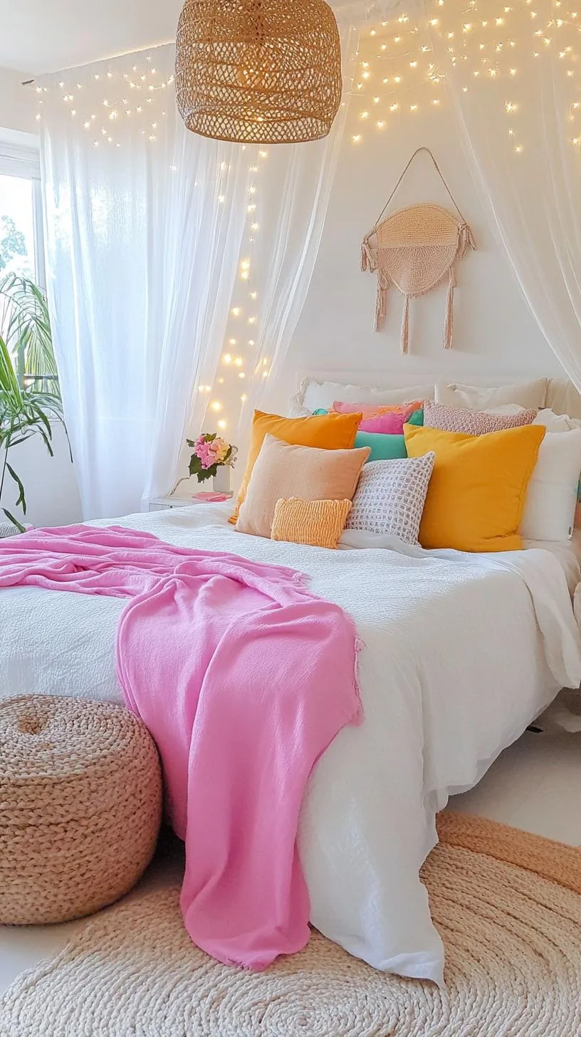 21 Colorful Boho Bedroom Ideas for a Whimsical Hippie Vibe 7 2. Ethereal Fairy Landscape: Blend dreamy pastels with hanging fairy lights and flowing white fabrics-2