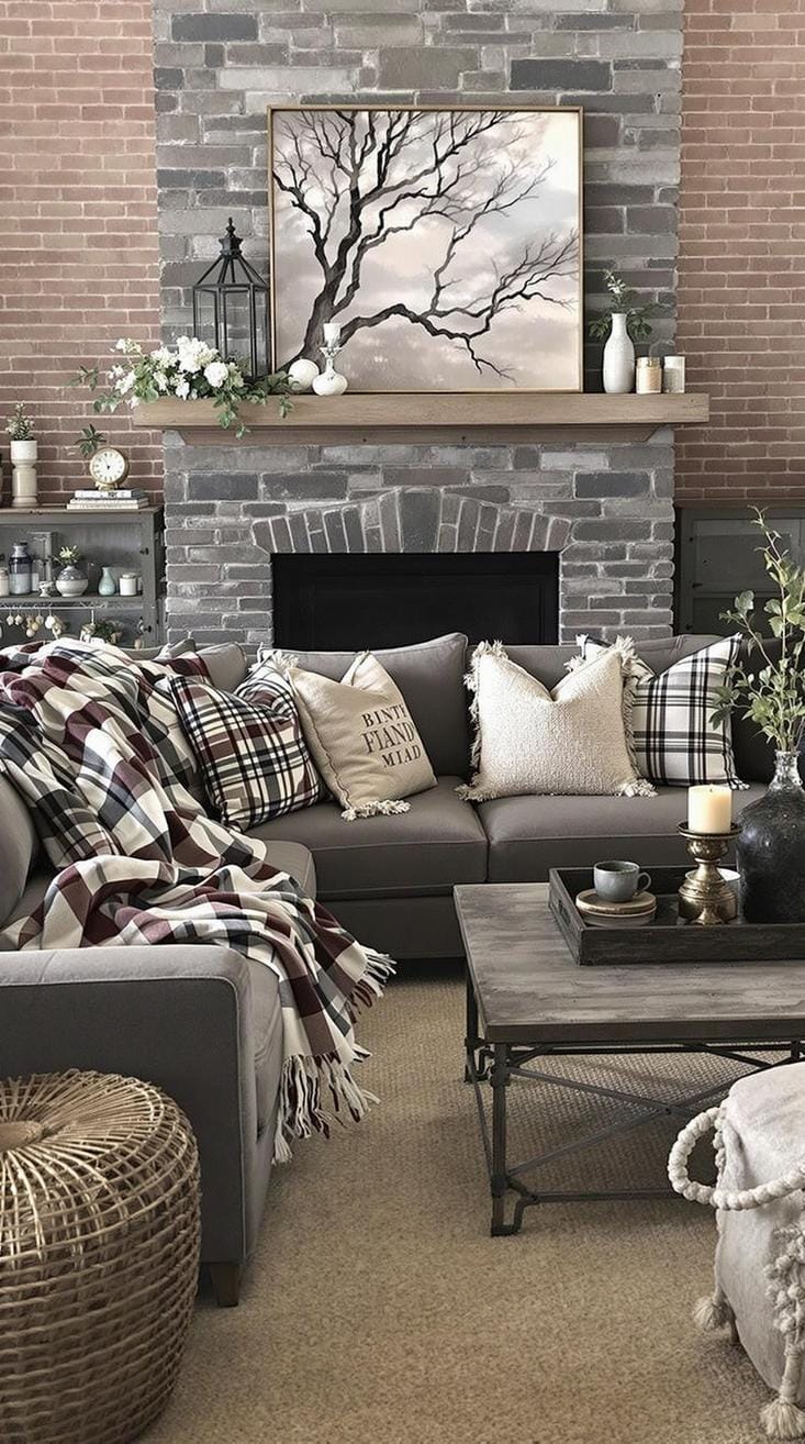 17. Explore an industrial farmhouse layout featuring distressed textures against muted textiles, like plaid throw blankets or burlap cushions-0