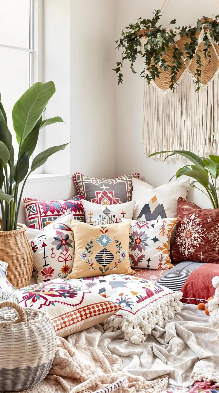 5. Floor Cushions Corner: Arrange bohemian embroidered floor cushions for a chill hangout spot, emphasizing relaxed luxury-0