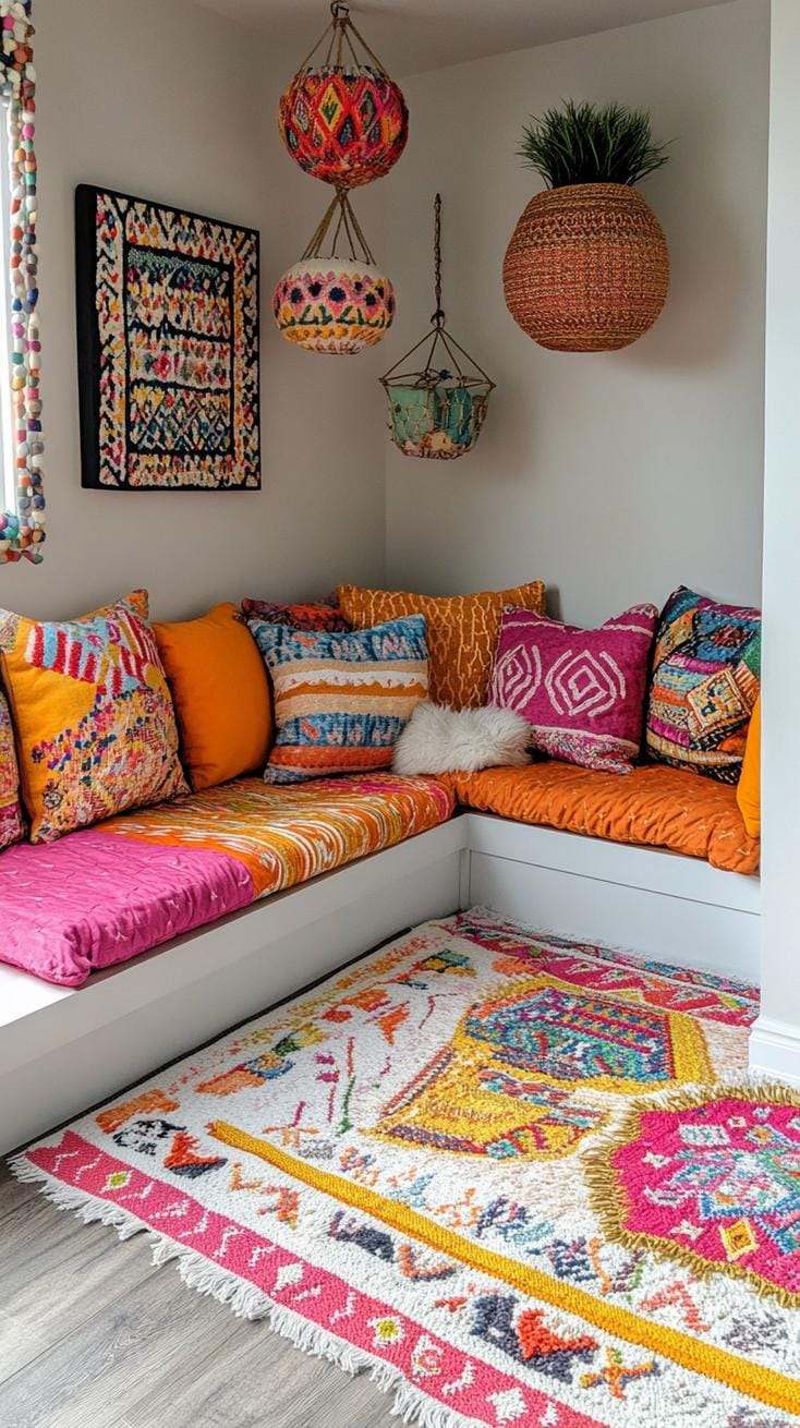 5. Floor Cushions Corner: Arrange bohemian embroidered floor cushions for a chill hangout spot, emphasizing relaxed luxury-1