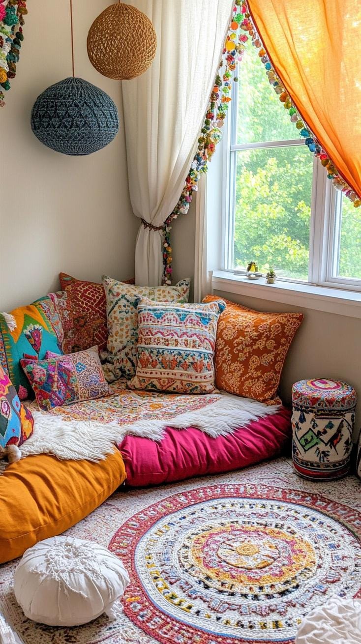 5. Floor Cushions Corner: Arrange bohemian embroidered floor cushions for a chill hangout spot, emphasizing relaxed luxury-2