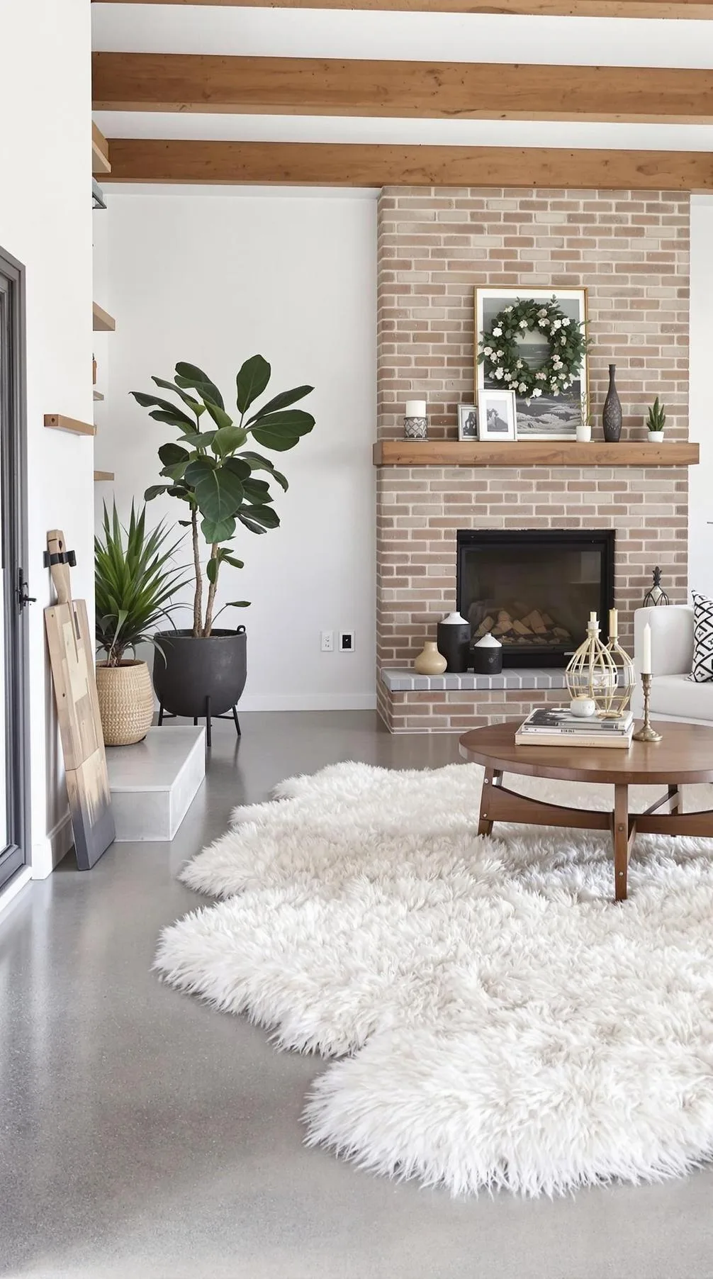 21 Best Industrial Farmhouse Living Room Ideas to Inspire 18 6. Focus on a balance of cold and warm materials by mixing concrete flooring with oversized, fluffy area rugs and wooden ceiling beams-0