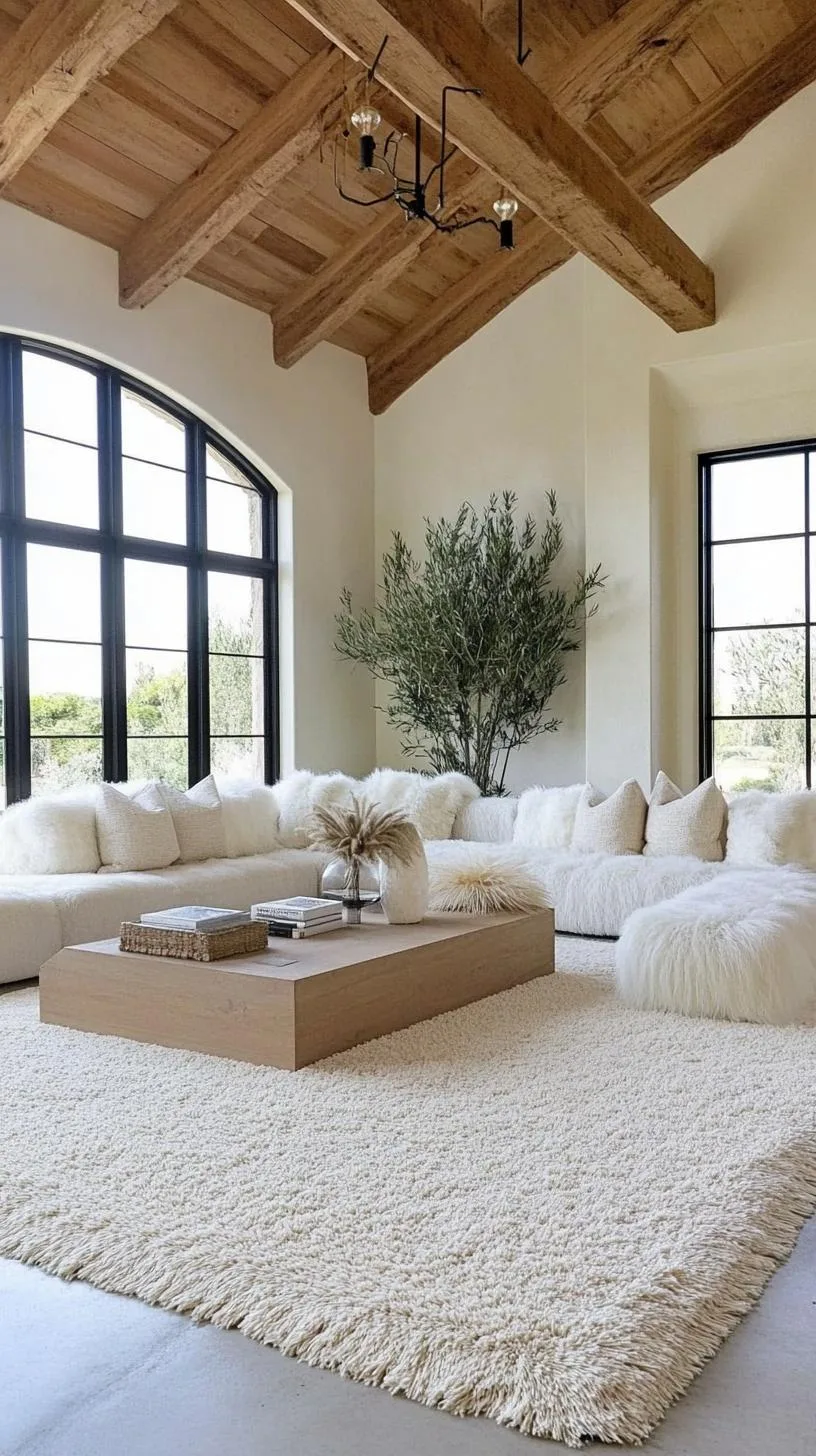 21 Best Industrial Farmhouse Living Room Ideas to Inspire 19 6. Focus on a balance of cold and warm materials by mixing concrete flooring with oversized, fluffy area rugs and wooden ceiling beams-1
