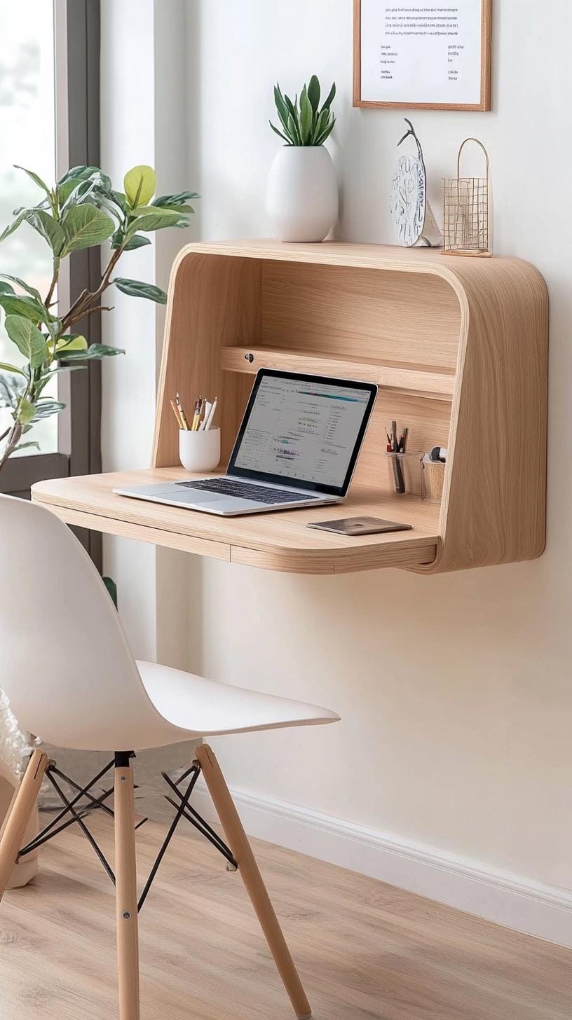 13. Fold-Down Wall Desk: Create workspace flexibility with a desk that can fold away when not needed-0