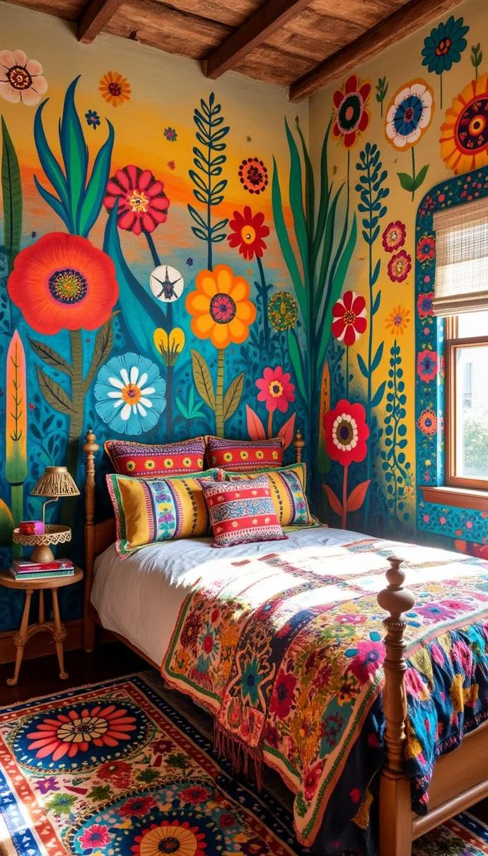 21 Colorful Boho Bedroom Ideas for a Whimsical Hippie Vibe 27 10. Folk Art Fusion: Paint vivid folk art murals against a neutral backdrop to let the colors sparkle-0