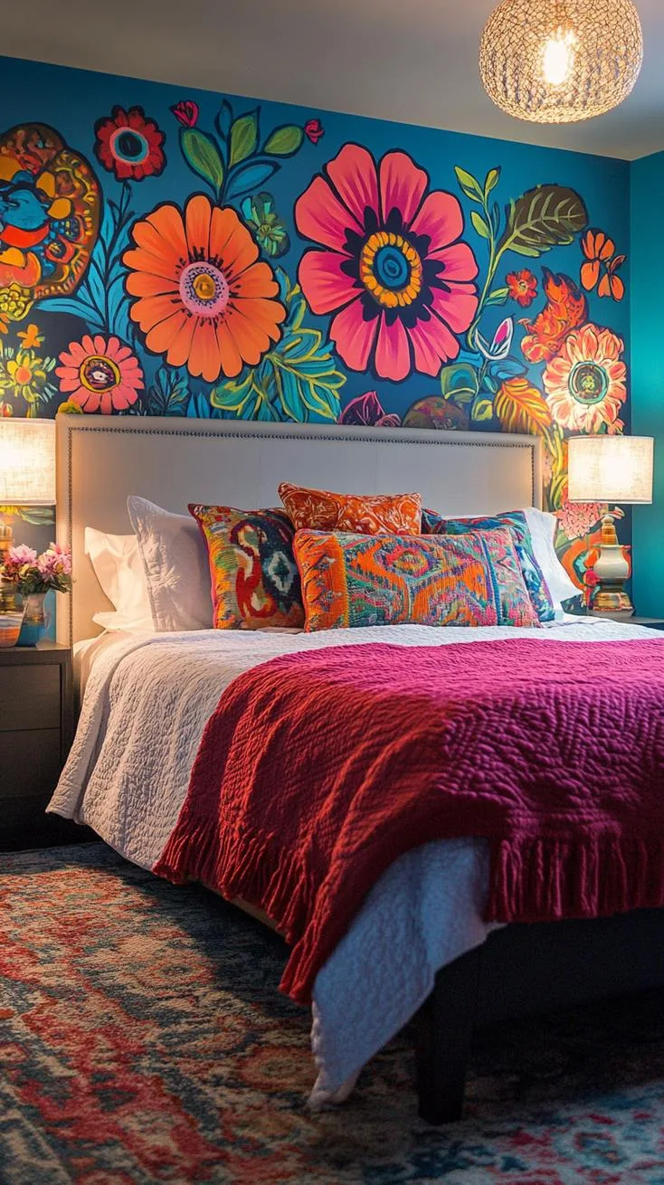 21 Colorful Boho Bedroom Ideas for a Whimsical Hippie Vibe 28 10. Folk Art Fusion: Paint vivid folk art murals against a neutral backdrop to let the colors sparkle-1