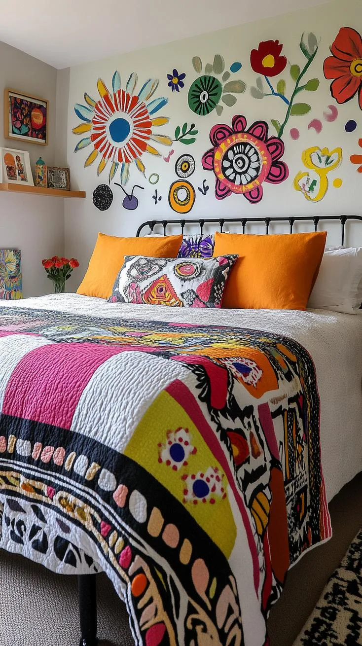 21 Colorful Boho Bedroom Ideas for a Whimsical Hippie Vibe 29 10. Folk Art Fusion: Paint vivid folk art murals against a neutral backdrop to let the colors sparkle-2