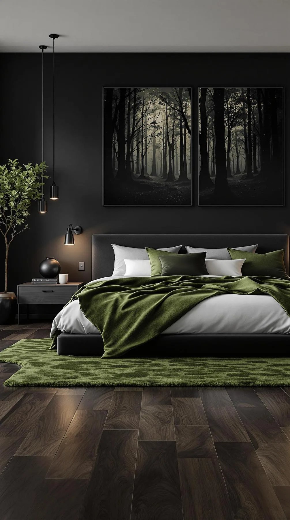 4. Forest Noir: Pair dark wood flooring with green moss rugs and black wall art-0