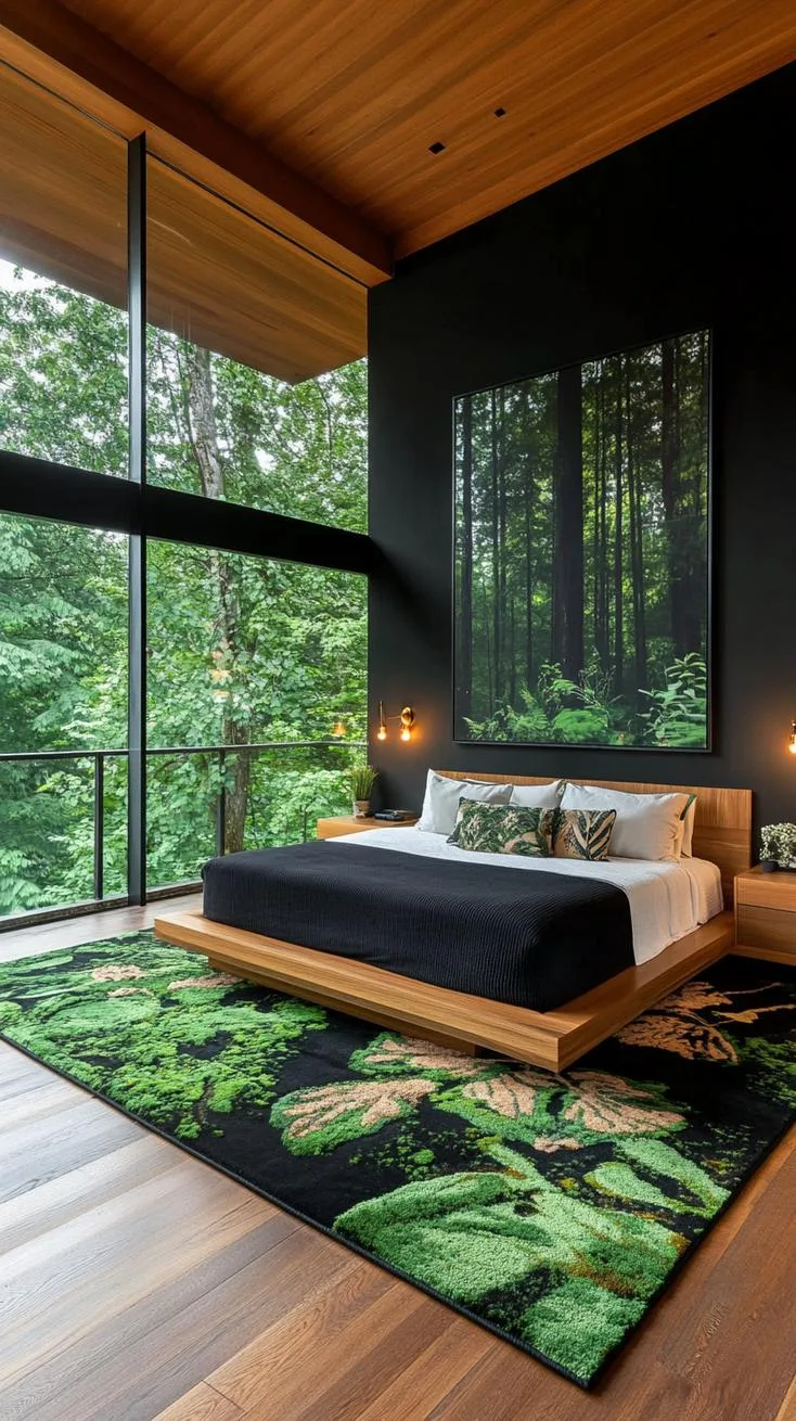 4. Forest Noir: Pair dark wood flooring with green moss rugs and black wall art-2