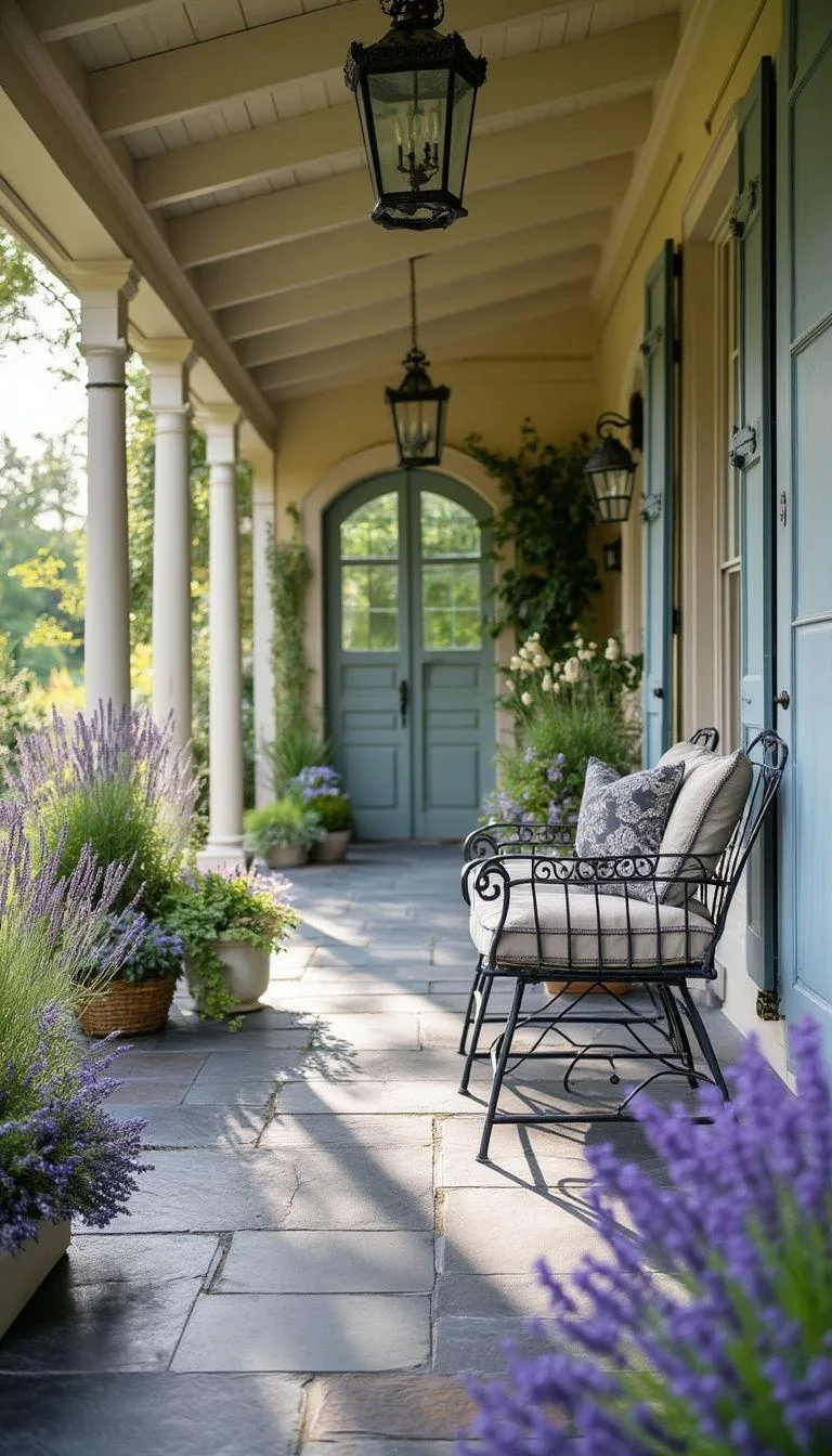 22. French countryside: Slate floors, lavender plants, and wrought iron furniture invoke a pastoral elegance-0