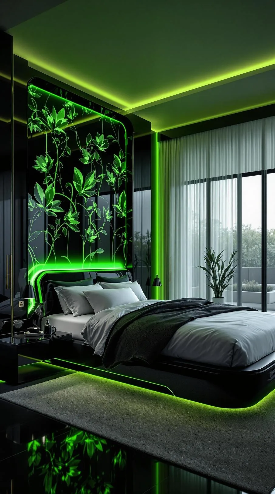20. Futuristic Flora: Combine LED green lights with glossy black surfaces for a space-age floral effect-0