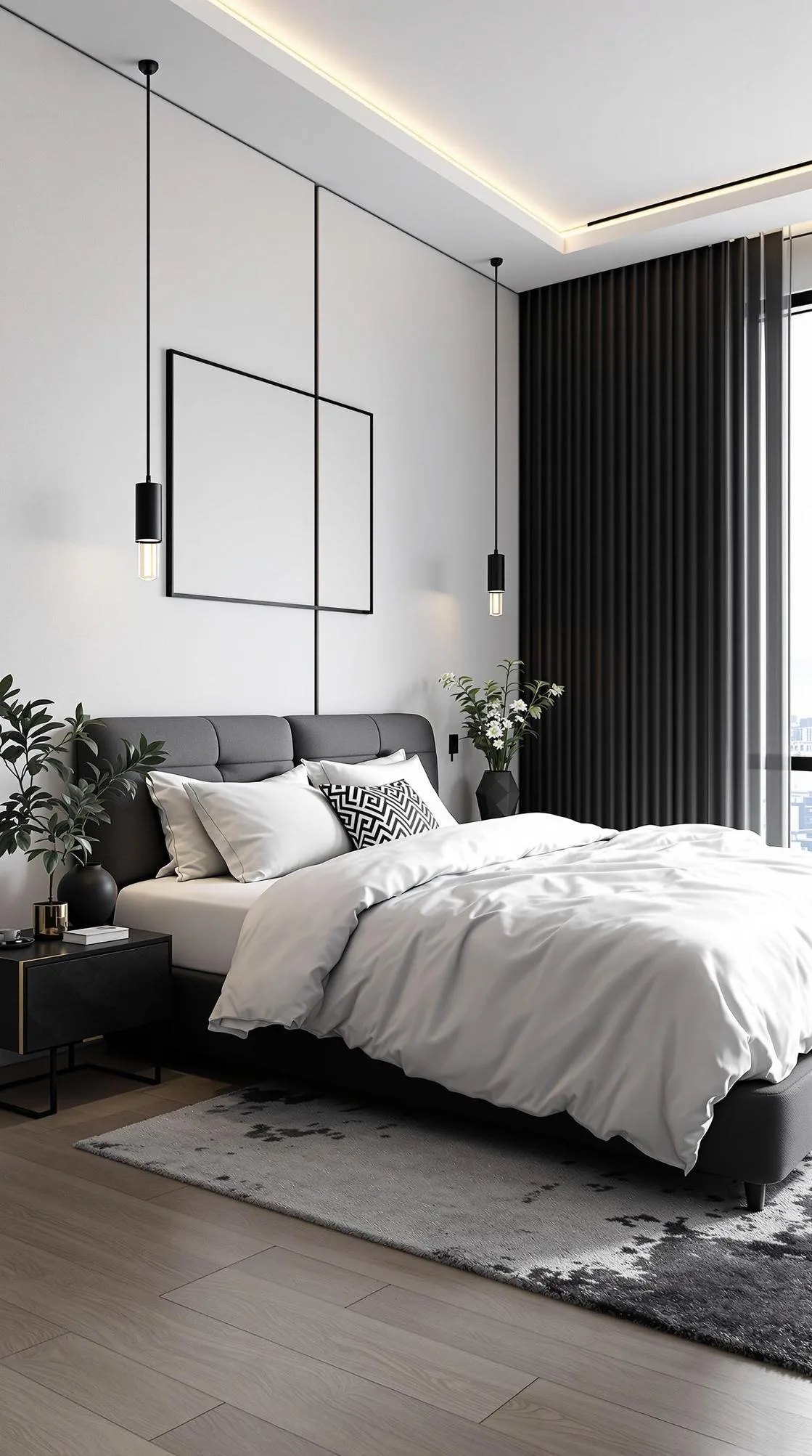 20 New Minimalist Bedroom Ideas to Inspire Your 2025 Refresh 38 7. Geometric Modernism: Feature sharp, clean lines with geometric décor accents in a white and black palette-1