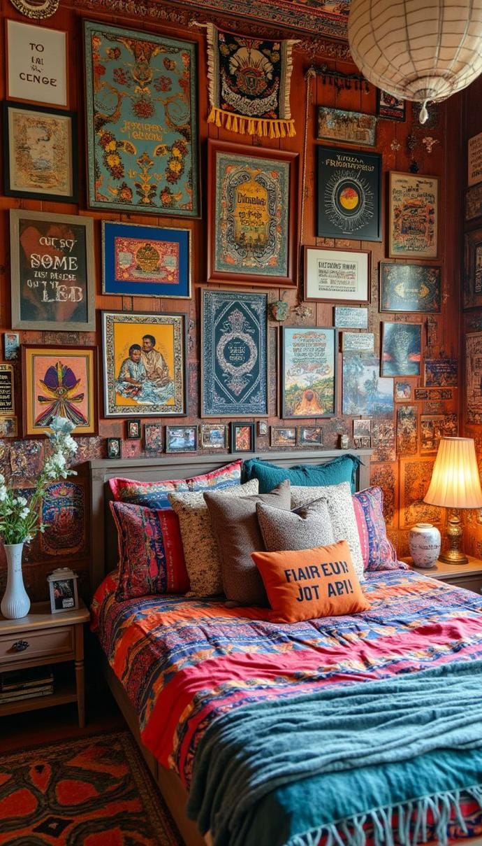 6. Global Art Gallery: Design a wall with an eclectic mix of global-inspired art, tapestries, and quotes in wooden frames-0