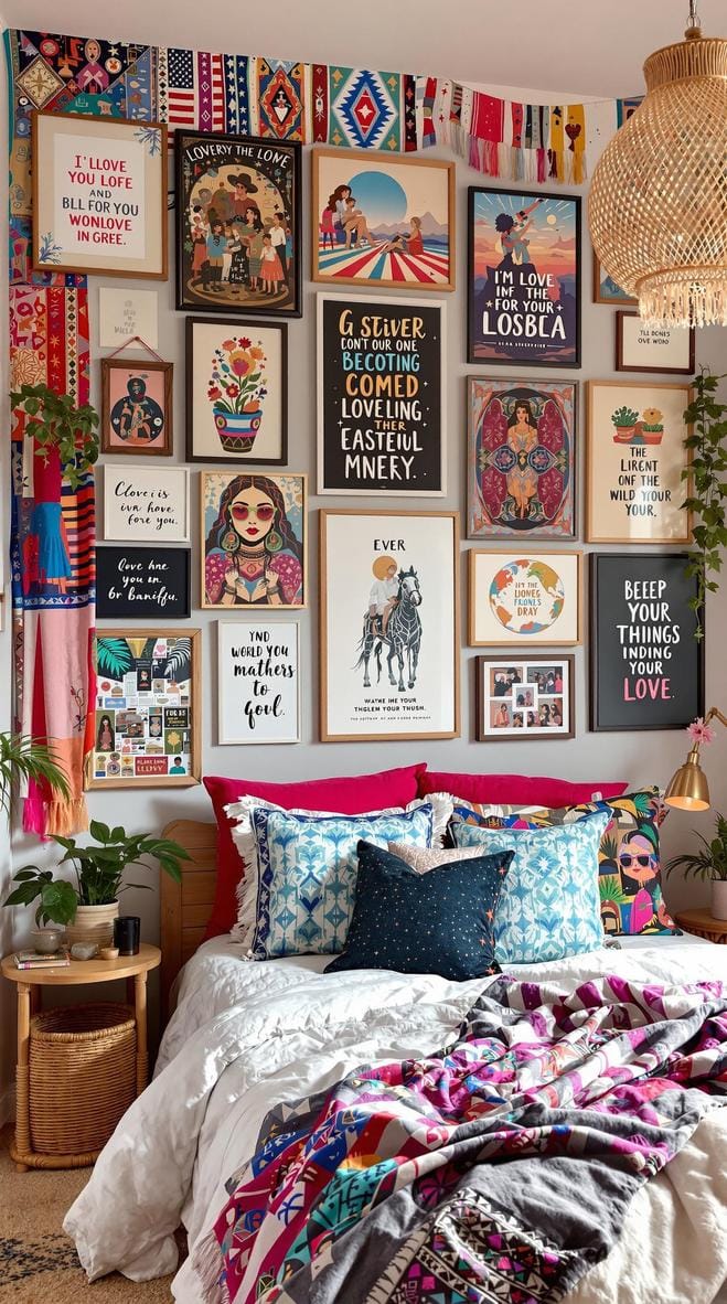 6. Global Art Gallery: Design a wall with an eclectic mix of global-inspired art, tapestries, and quotes in wooden frames-1