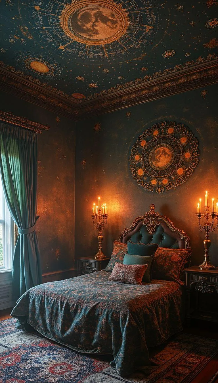 16. Gothic candelabras with colored glass accents casting shadows across a hand-painted celestial ceiling mural-0