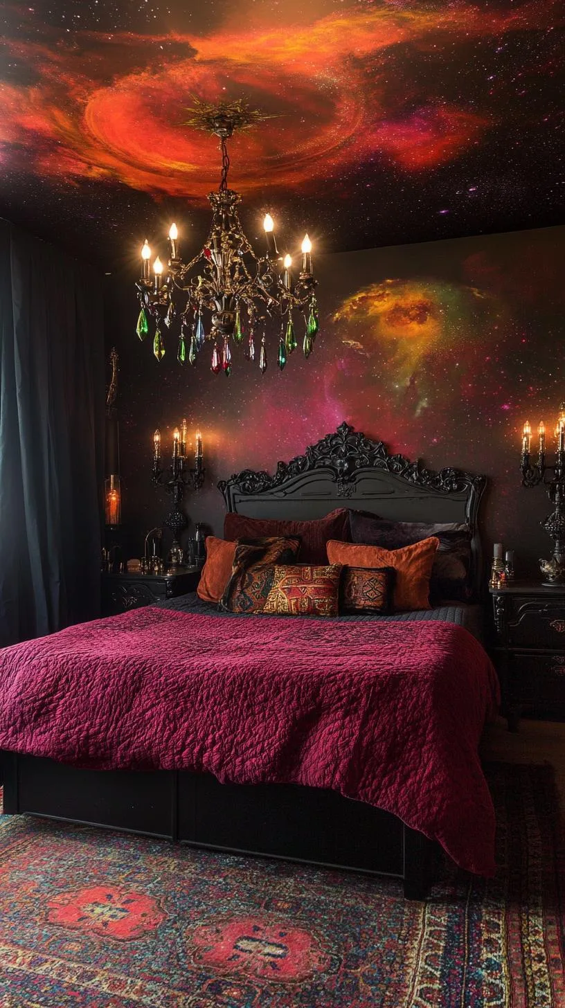 16. Gothic candelabras with colored glass accents casting shadows across a hand-painted celestial ceiling mural-1