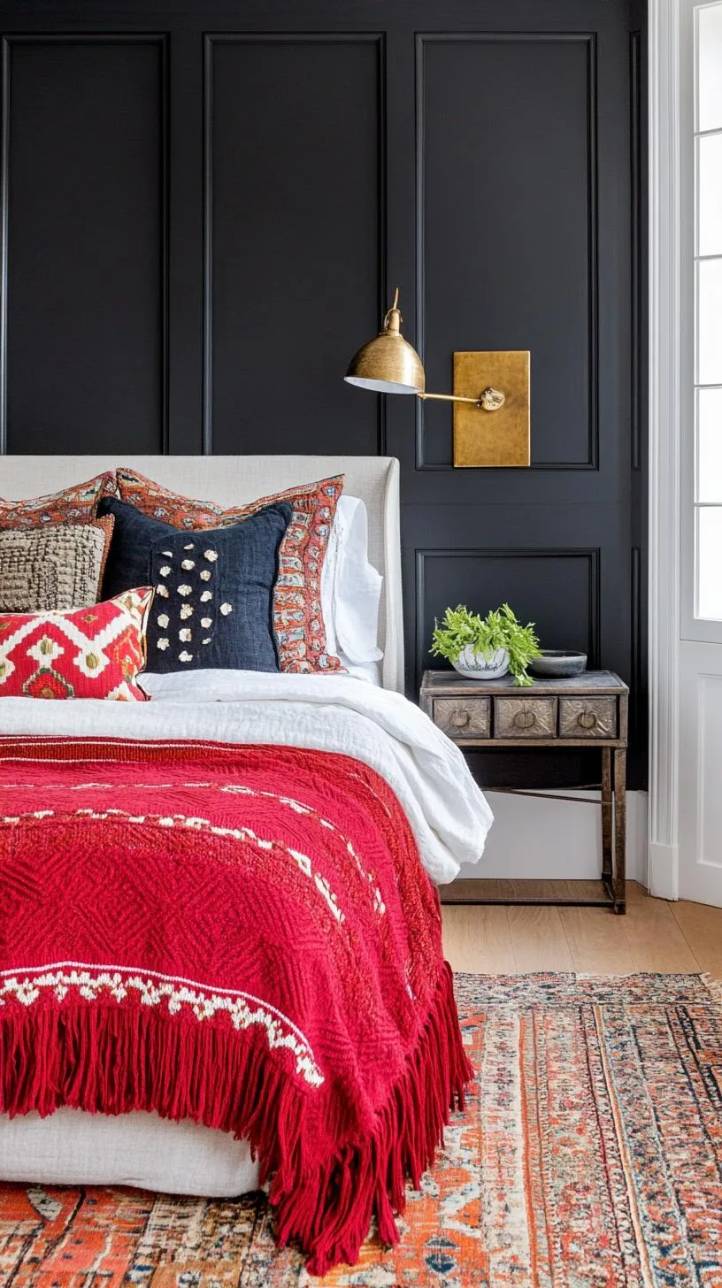 21 Colorful Boho Bedroom Ideas for a Whimsical Hippie Vibe 19 7. Grunge Glamour: Contrast dark, moody colors like noir and maroon with pops of metallic gold-0