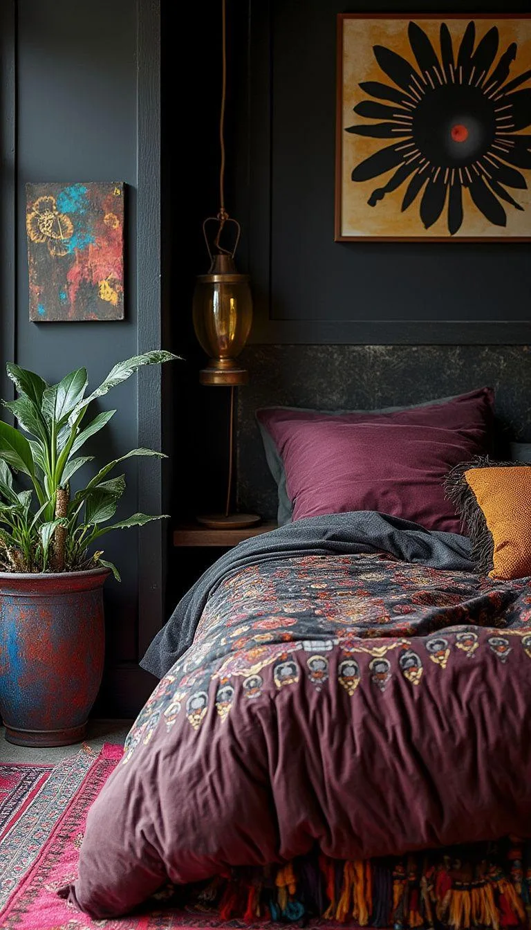 21 Colorful Boho Bedroom Ideas for a Whimsical Hippie Vibe 20 7. Grunge Glamour: Contrast dark, moody colors like noir and maroon with pops of metallic gold-1