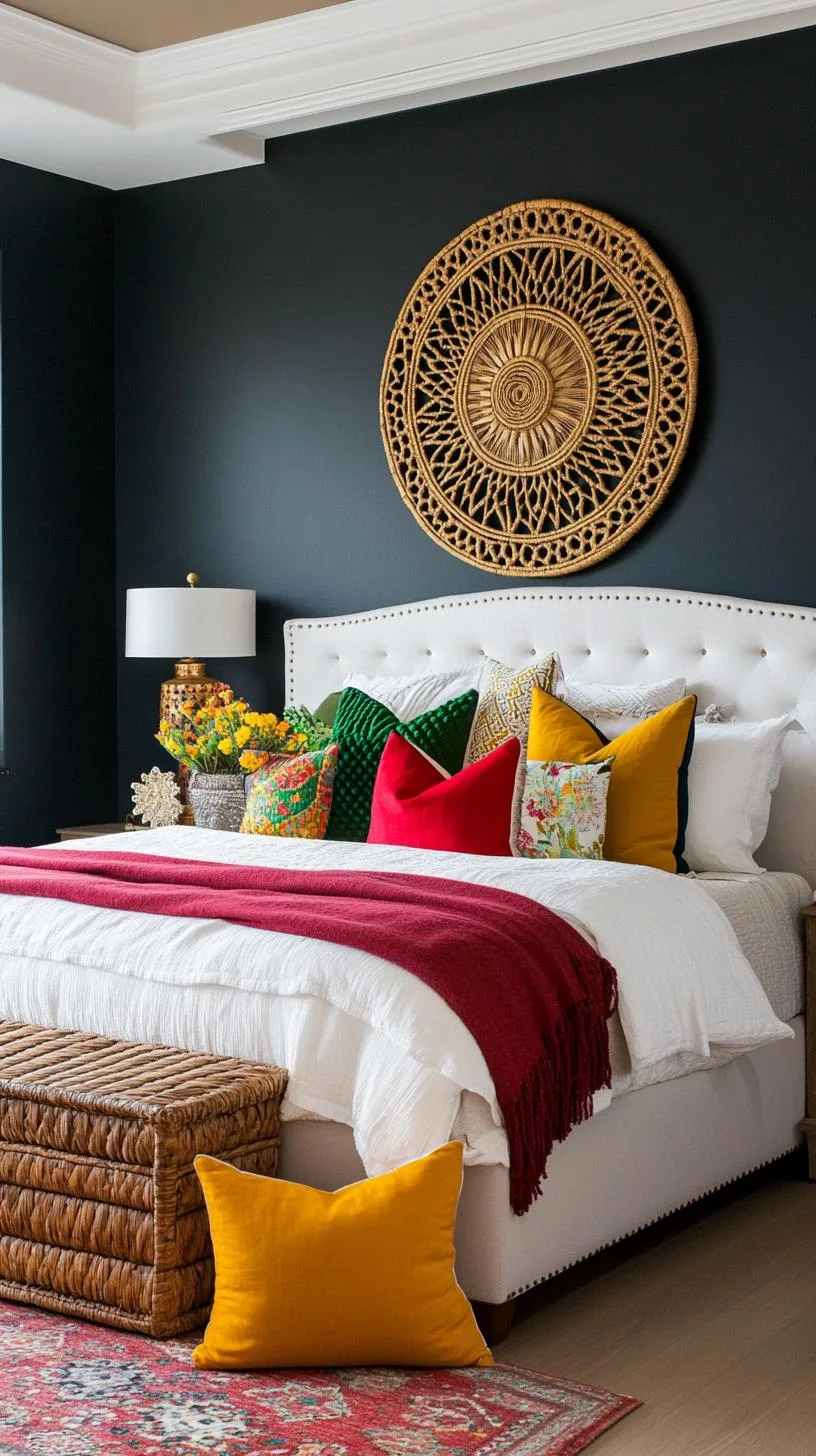 21 Colorful Boho Bedroom Ideas for a Whimsical Hippie Vibe 21 7. Grunge Glamour: Contrast dark, moody colors like noir and maroon with pops of metallic gold-2