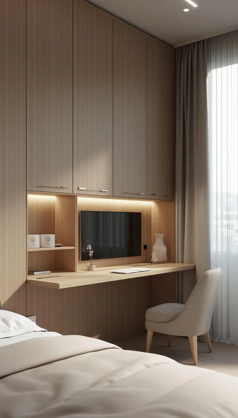 20 New Minimalist Bedroom Ideas to Inspire Your 2025 Refresh 103 18. Hidden Functionality: Example desk-in-the-wall style to maintain an uncluttered environment-0