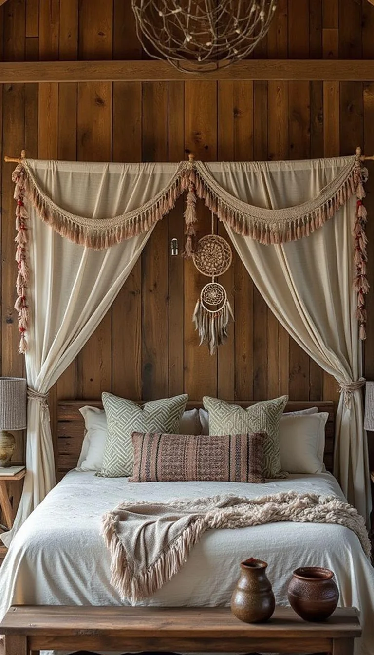 6. Highlight a statement wall of reclaimed barn wood behind a canopy bed adorned with tassel garlands and dream catchers-0