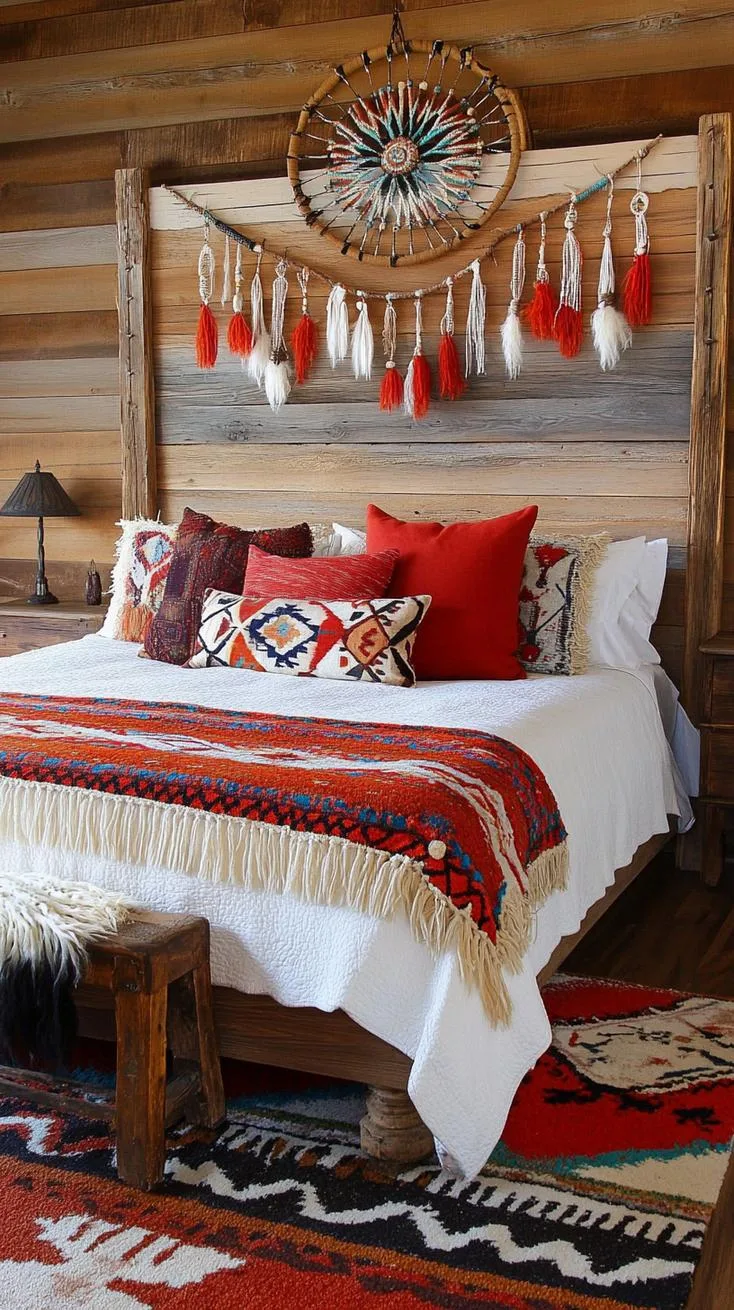 6. Highlight a statement wall of reclaimed barn wood behind a canopy bed adorned with tassel garlands and dream catchers-2